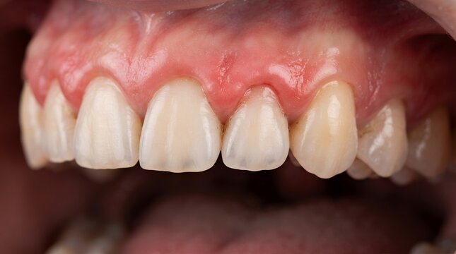 Close-up of inflamed red gums showing early gingivitis around upper teeth for dental health awareness