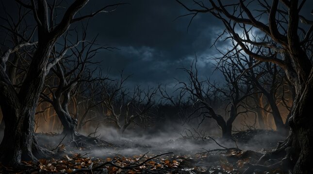 Halloween night foggy forest with twisted bare trees and eerie