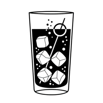 Black and white illustration of a soda with ice and straw isolated on transparent background