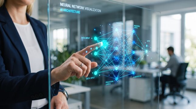 Business executive interacting with transparent neural network visualization on glass screen, artificial intelligence architecture diagram for machine learning algorithm analysis