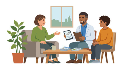 Fototapeta premium Medical doctor consultation showing hormone molecule diagram on tablet to patients in modern clinic office flat vector illustration