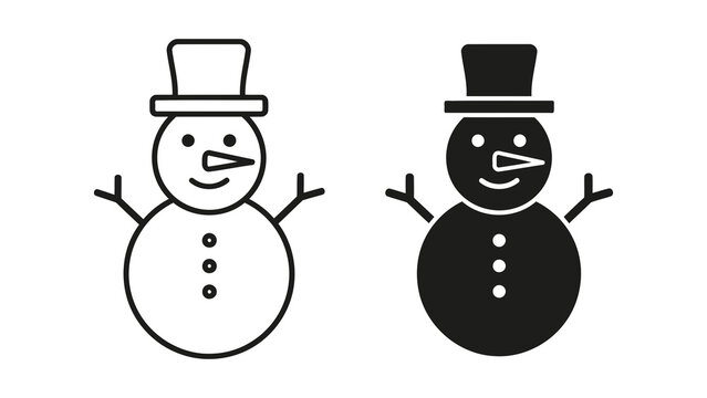 Happy snowman in top hat vector icon set isolated on white background in two styles
