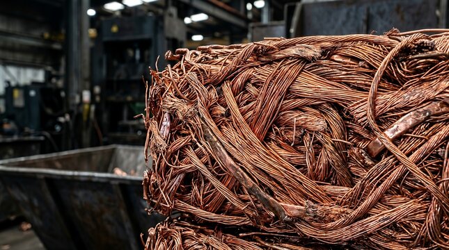 Macro view of compacted copper wire scrap in an industrial metal recycling facility.