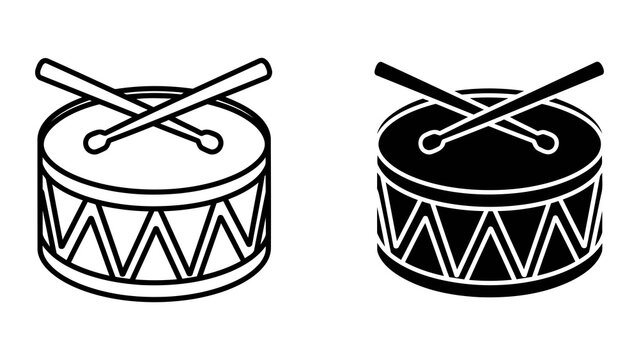 Musical snare drum vector icon set with drumsticks isolated on transparent background