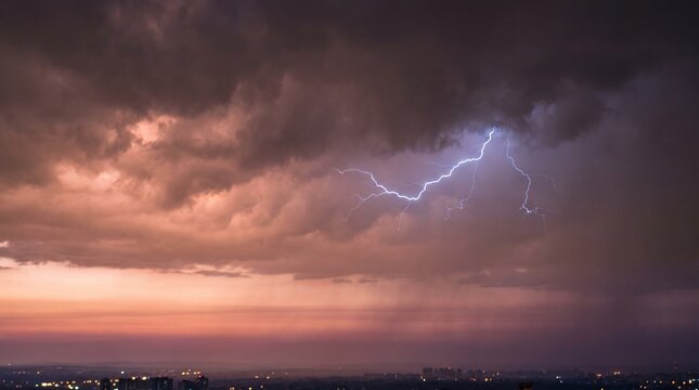 Forked lightning cutting through dramatic storm clouds at dusk with pink orange sky and city lights on horizon