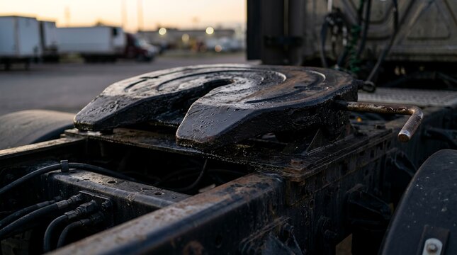 Close-up of heavy-duty fifth wheel coupling on truck chassis for secure trailer attachment