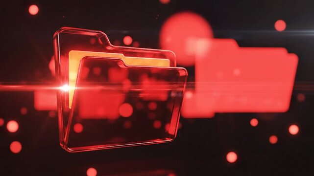Abstract digital folder animation with glowing red files, futuristic data storage concept, cybersecurity, cloud computing, document management, and digital technology background.