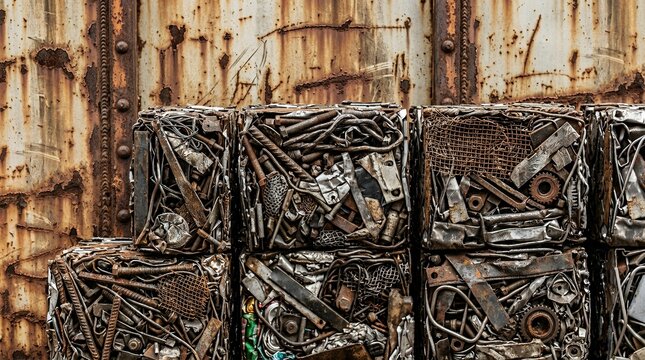 Stacked compacted metal scrap cubes against a weathered industrial steel trailer wall background