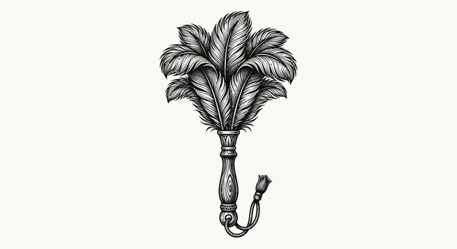 Vintage black and white tattoo style illustration of a feather duster with a carved wooden handle and layered ostrich feathers, ideal for housekeeping or cleaning service themes.