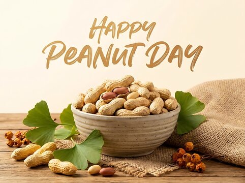 Happy peanut day greeting card with a bowl of peanuts, ginkgo leaves, and berries on a rustic wooden table