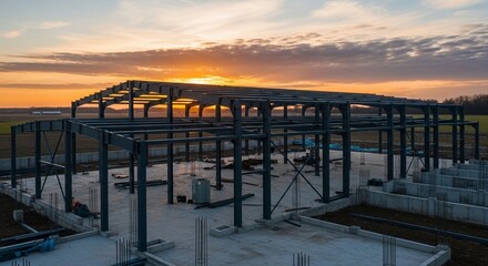 Obraz premium Industrial steel framework under a vibrant sunset at a construction site