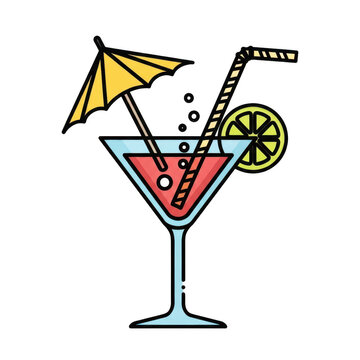 Colorful cocktail with umbrella and lemon isolated on transparent background