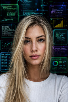 Futuristic blonde woman with digital data overlays, female software developer with holographic code, tech professional portrait