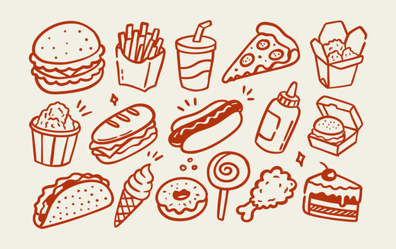 Hand drawn fast food and dessert doodle collection with playful vintage line art, featuring popular comfort food and sweet treats. Perfect for menus, stickers, packaging, posters, and food designs