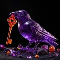 Naklejka premium Violet Gummy Crow Holding Orange Crystal Key