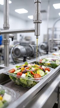 Fresh salad is dispensed with oil in a food processing factory production