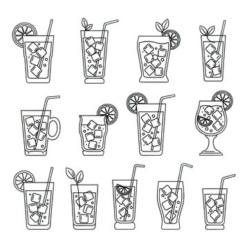 Collection of handdrawn outline illustrations of various iced drinks isolated on transparent background
