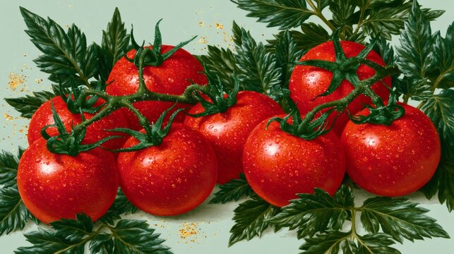 Fresh ripe tomatoes with water drops on vine