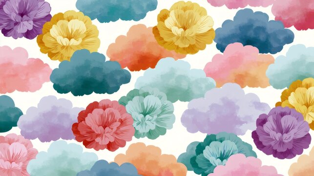 Colorful watercolor flowers and clouds pattern background