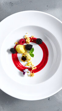 An exquisite, minimalist gourmet dessert of sorbet, fresh berries, and edible flowers artfully plated on a vibrant red coulis ring. Perfect for fine dining or luxury menus. Nobody.