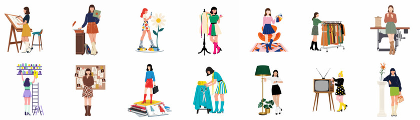 Fototapeta premium Set of Flat Vector Illustrations of Creative Young Women Engaged in Artistic and Lifestyle Activities Like Painting, Fashion Design, Photography, and Reading Isolated on White Background