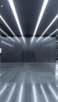Futuristic empty corporate lobby with sleek black metal panels, reflective marble floor, and bright linear ceiling lights creating a modern, hightech atmosphere. No people.