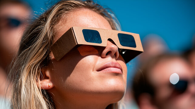 Person Wearing Cardboard Solar Eclipse Glasses Observing Astronomical Event