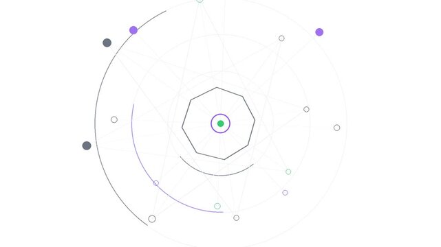 Abstract minimal technology background with geometric shapes, lines and dots in a circular digital network composition on white
