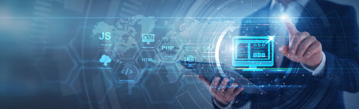 Software engineer pointing web development interface. Developer using tab analyzing website frontend code structure and digital UI performance on hologram screen. Technology and web development.