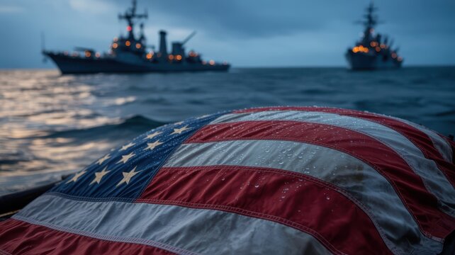 Folded American flag resting on a naval vessel deck with warships in the distance during sunset over ocean water ripples Remembrance Day