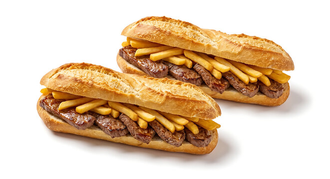 Two Belgian Mitraillette Sandwiches on White Background