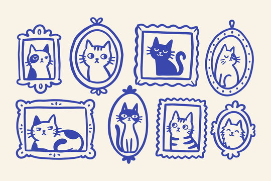 Cat Portrait Frames Naive Art Set Illustration