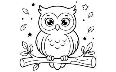 Fototapeta premium Cute cartoon owl sitting on a branch for a fun printable coloring page for children activity book