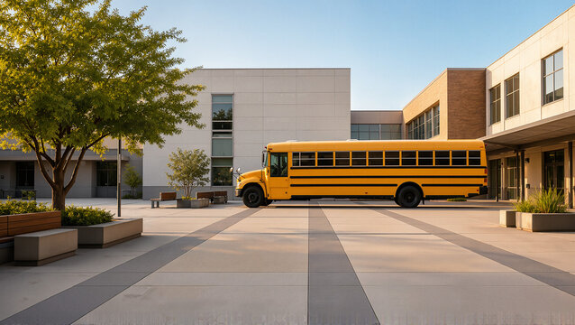 Yellow school bus parked in modern courtyard of educational facility, nearby trees and buildings create welcoming atmosphere for students.
