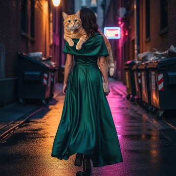 Woman in elegant green dress carrying ginger cat through neon-lit alleyway at night.