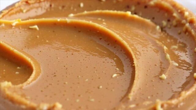 Creamy peanut butter folds into rich silky waves in an appetizing ultra-macro food background.