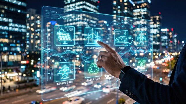 Futuristic smart city energy management hologram interface showing solar wind power EV fleet grid technology over night urban skyline background.