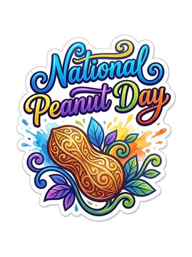National peanut day colorful artistic sticker design with decorative peanut and floral elements isolated on white background
