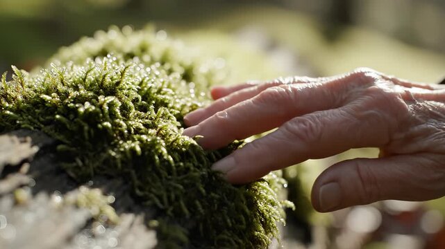 Elderly Hand Touching Vibrant Green Moss with Dew Drops in Sunlit Forest Macro