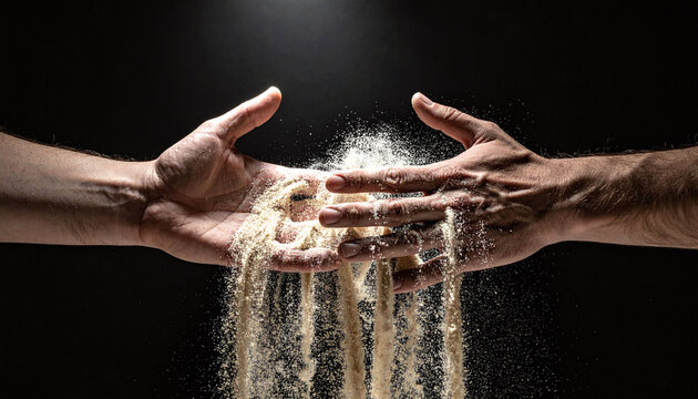 Dramatic image of two hands reaching out as fine sand slips through fingers against a black background, evoking concepts of lost time, passing moments, and fleeting connection.