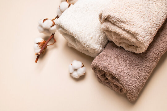 Folded terry bath towels in pastel shades and cotton branch on light beige background, top view. Natural cotton towels for spa, hygiene, body care. Eco-friendly fabric and home textile concept.