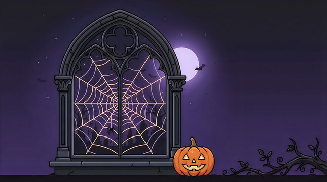 Halloween jack o lantern with spooky window and cobweb design under moonlight