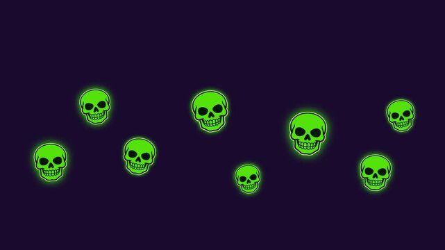 Glowing neon green skulls floating upwards on dark purple background animation