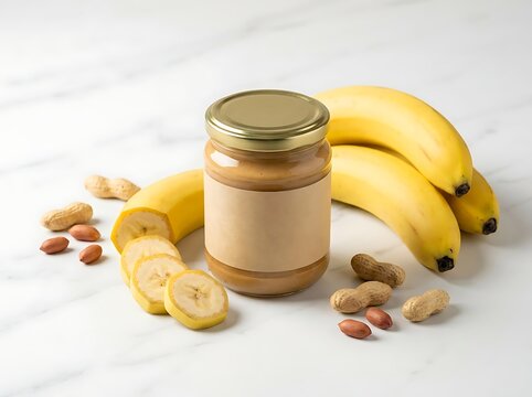 A jar of creamy peanut butter with fresh bananas and peanuts isolated on white background