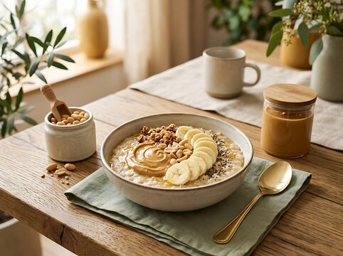 A bowl of creamy oatmeal topped with sliced bananas, peanut butter, granola, and chia seeds on a rustic wooden table with a spoon and peanut butter jar