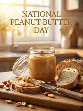 National peanut butter day celebration with a jar of creamy peanut butter, fresh bread slices, and scattered peanuts on a rustic wooden kitchen table