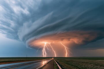 Obraz premium The Lightning Storm Over a Desolate Highway and Expansive Prairie Sky