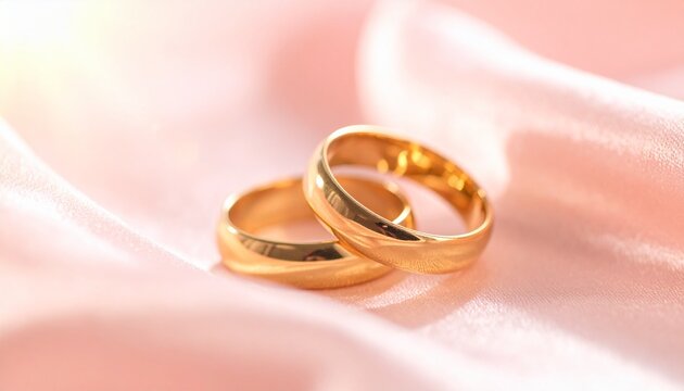 Golden wedding rings symbolizing love and commitment on a soft pink fabric background