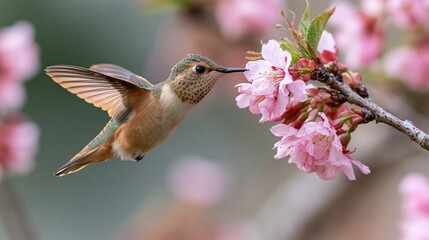 Naklejka premium The Hummingbird in Flight Among Pink Cherry Blossoms and Delicate Petals