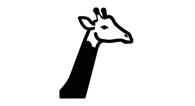 Minimalist black and white vector illustration of a giraffe head and long neck. Simple graphic icon representing safari wildlife.